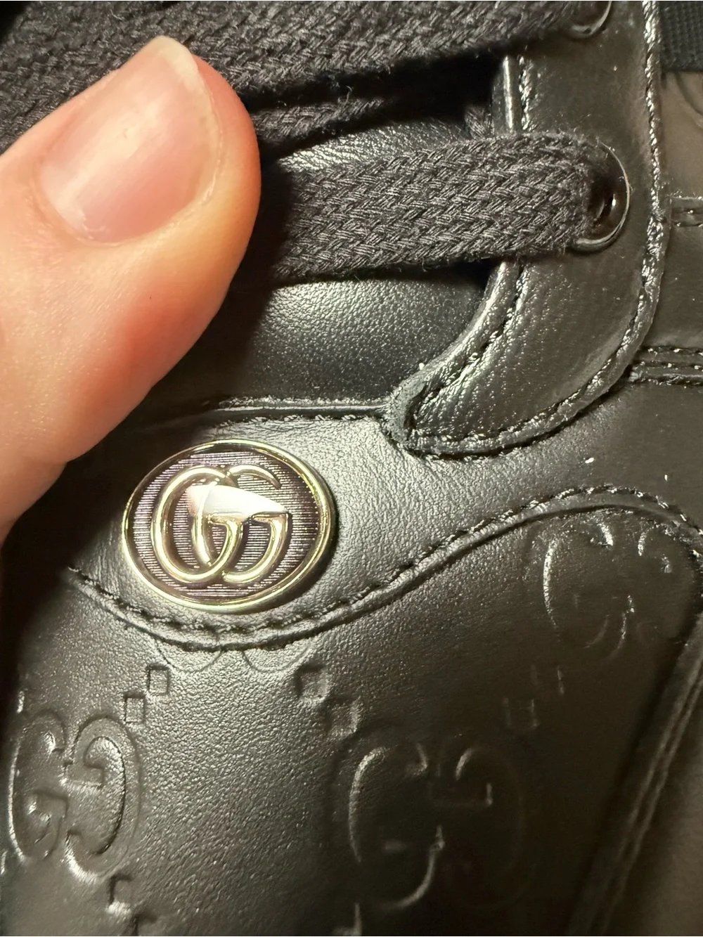 Gucci Men’s Black Leather Sneakers with Red & Navy Stripe